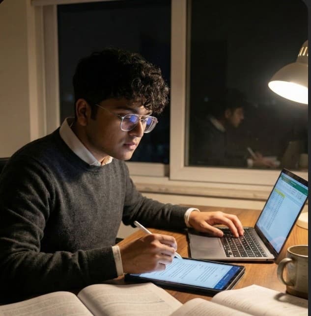 A focused student studying late at night under a warm desk lamp, surrounded by textbooks and a laptop